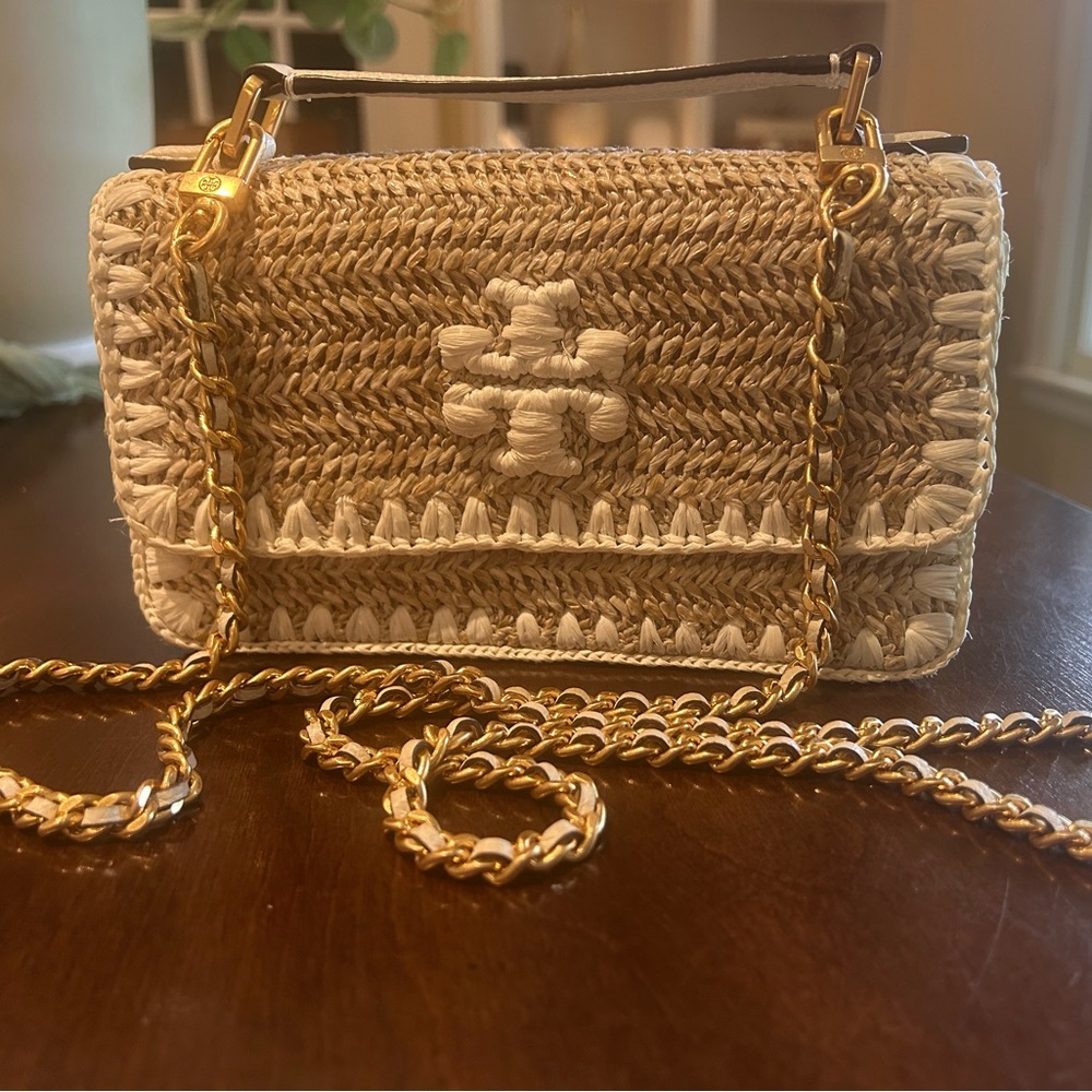 Tory Burch Tan and Cream Crossbody Bag with Woven Elegance